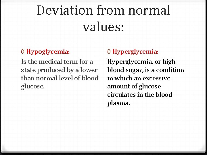 Deviation from normal values: 0 Hypoglycemia: Is the medical term for a state produced