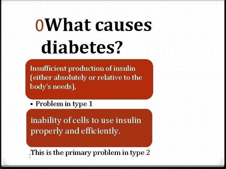 0 What causes diabetes? Insufficient production of insulin (either absolutely or relative to the