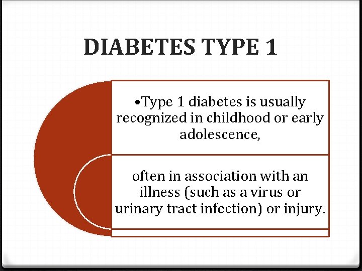 DIABETES TYPE 1 • Type 1 diabetes is usually recognized in childhood or early