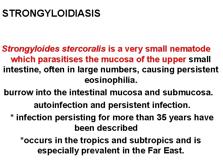 STRONGYLOIDIASIS Strongyloides stercoralis is a very small nematode which parasitises the mucosa of the