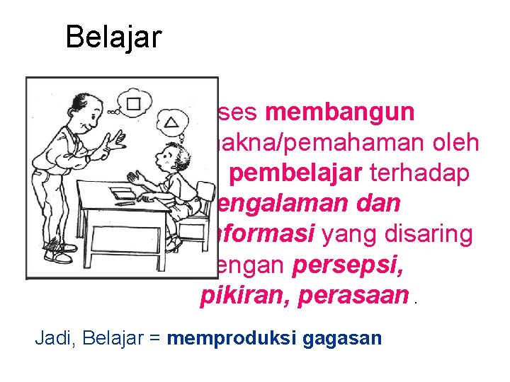 Belajar proses membangun makna/pemahaman oleh si pembelajar terhadap pengalaman dan informasi yang disaring dengan