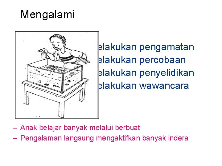 Mengalami • • Melakukan pengamatan Melakukan percobaan Melakukan penyelidikan Melakukan wawancara – Anak belajar