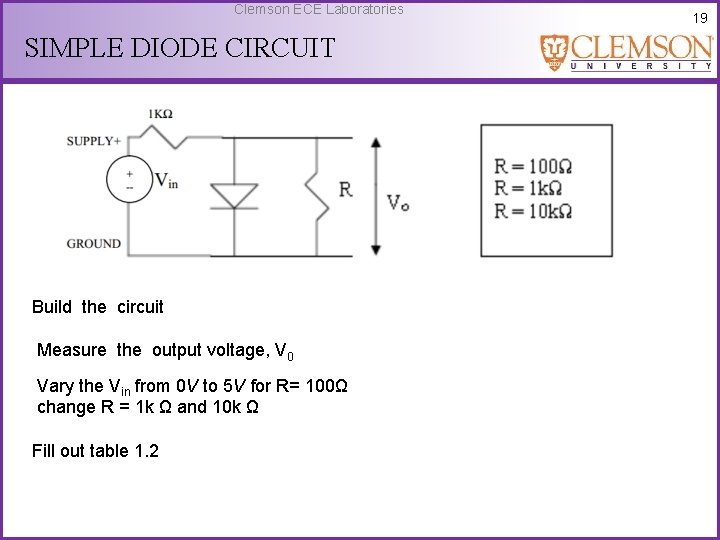Clemson ECE Laboratories SIMPLE DIODE CIRCUIT Build the circuit Measure the output voltage, V