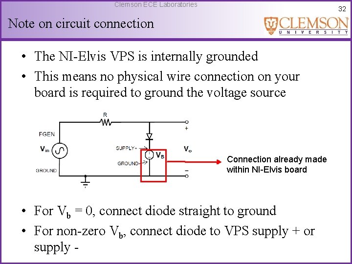 Clemson ECE Laboratories 32 Note on circuit connection • The NI-Elvis VPS is internally