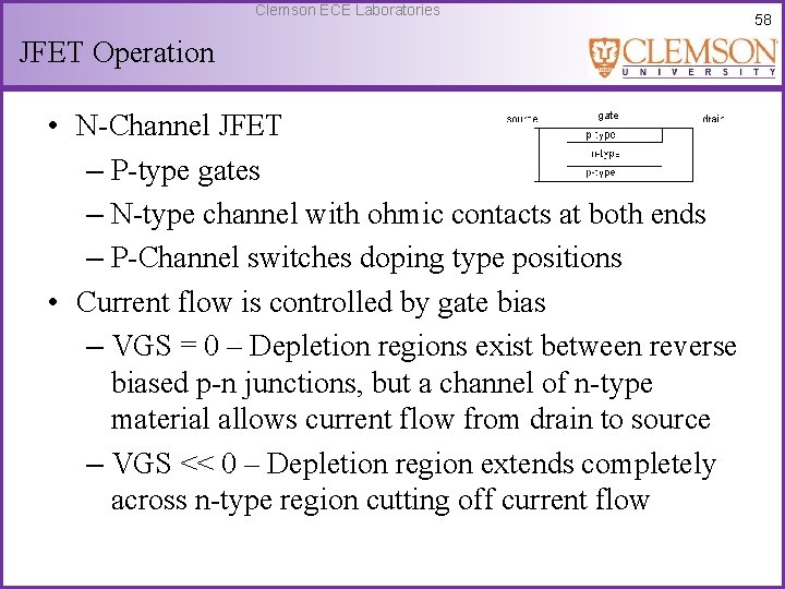 Clemson ECE Laboratories 58 JFET Operation • N-Channel JFET – P-type gates – N-type