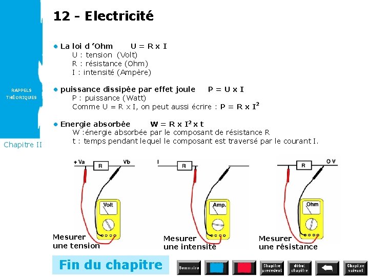 12 - Electricité • La loi d ’Ohm U=Rx. I U : tension (Volt)