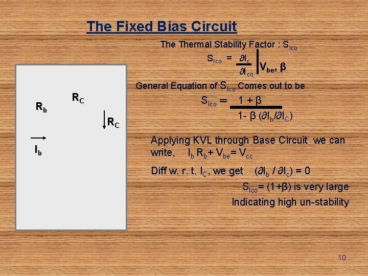 The Fixed Bias Circuit Thermal Stability Factor : SIco = ∂Ico Vbe, β Rb