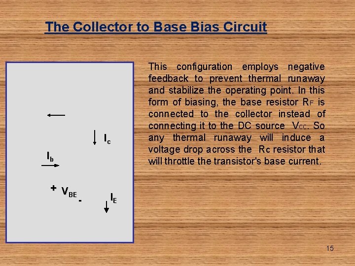 The Collector to Base Bias Circuit Ic Ib + V BE - This configuration