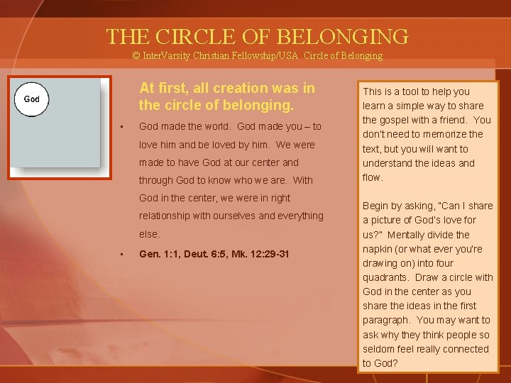 THE CIRCLE OF BELONGING © Inter. Varsity Christian Fellowship/USA Circle of Belonging At first,