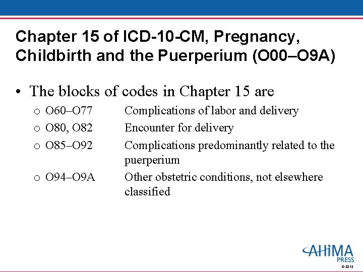 Chapter 15 of ICD-10 -CM, Pregnancy, Childbirth and the Puerperium (O 00–O 9 A)