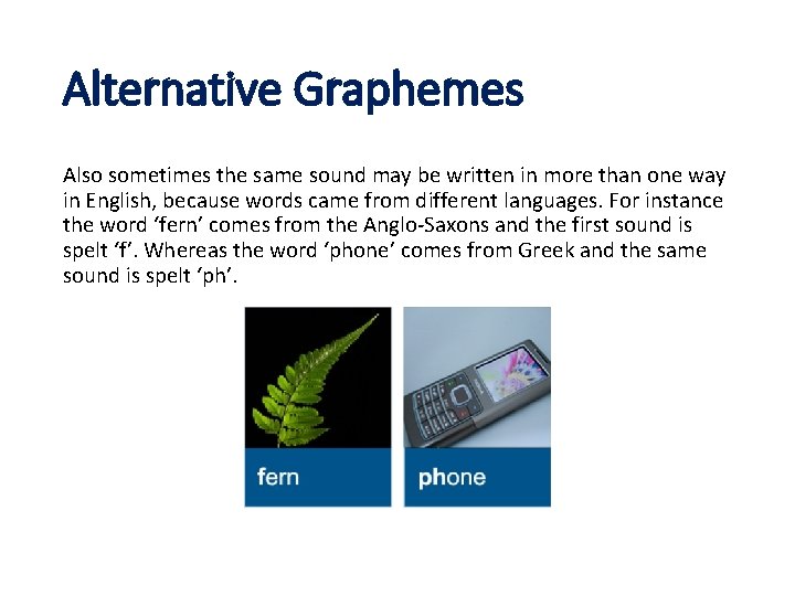 Alternative Graphemes Also sometimes the same sound may be written in more than one
