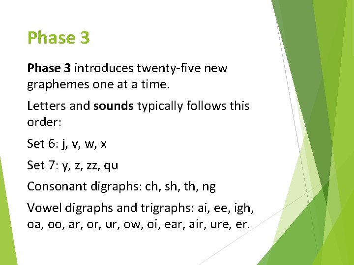 Phase 3 introduces twenty-five new graphemes one at a time. Letters and sounds typically