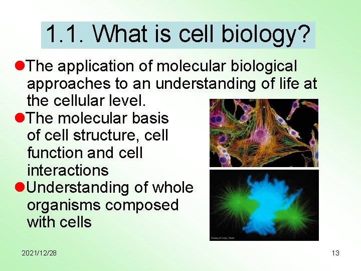 1. 1. What is cell biology? l. The application of molecular biological approaches to