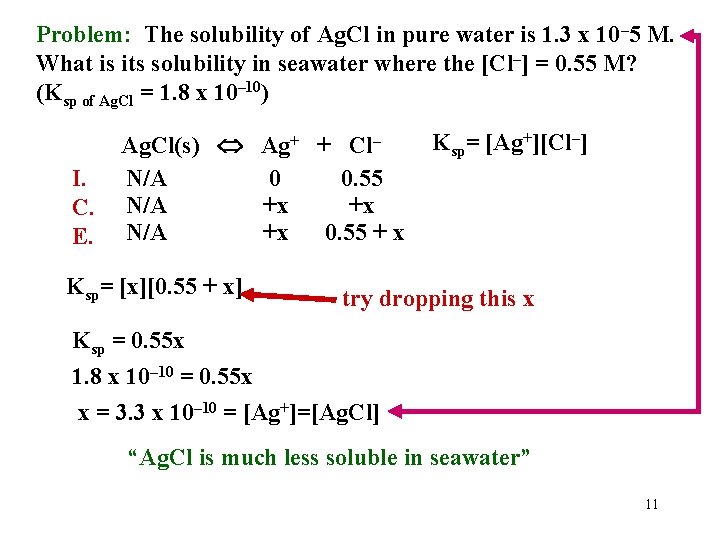 Problem: The solubility of Ag. Cl in pure water is 1. 3 x 10–