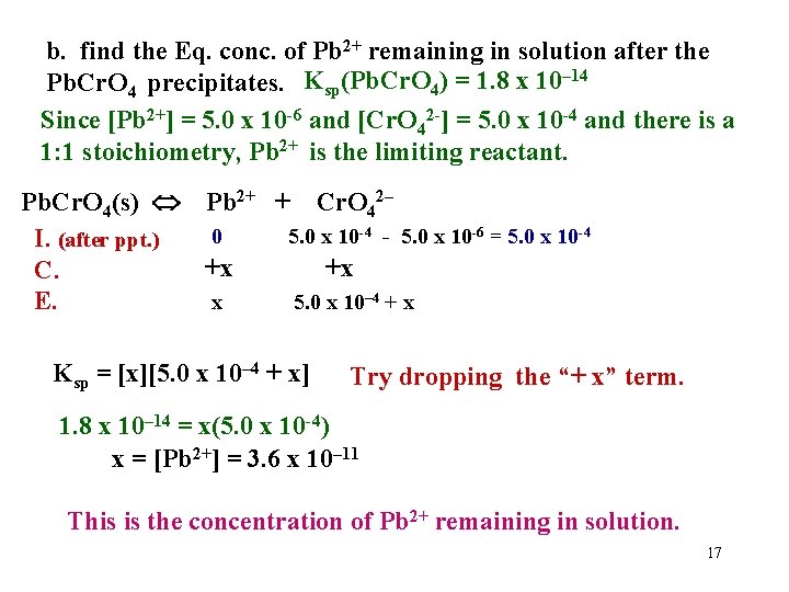 b. find the Eq. conc. of Pb 2+ remaining in solution after the Pb.