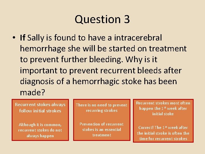 Question 3 • If Sally is found to have a intracerebral hemorrhage she will