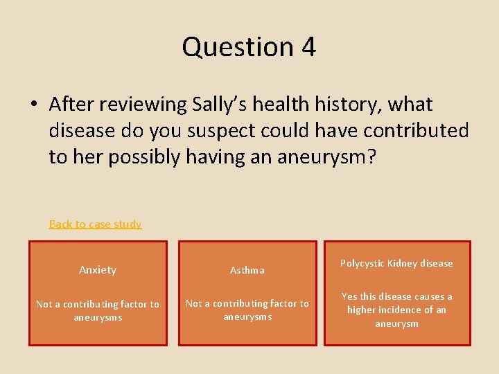 Question 4 • After reviewing Sally’s health history, what disease do you suspect could