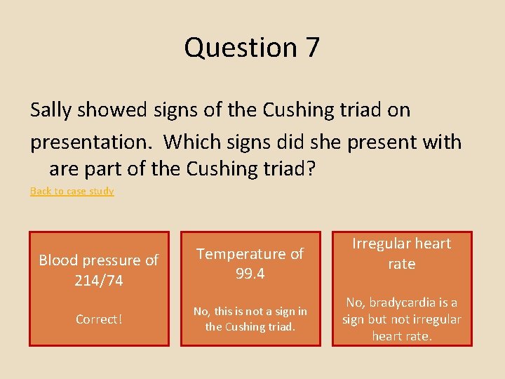 Question 7 Sally showed signs of the Cushing triad on presentation. Which signs did