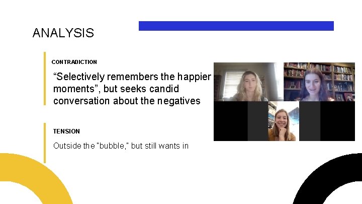ANALYSIS CONTRADICTION “Selectively remembers the happier moments”, but seeks candid conversation about the negatives