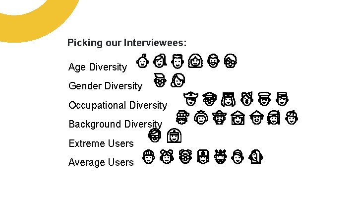 Picking our Interviewees: Age Diversity Gender Diversity Occupational Diversity Background Diversity Extreme Users Average