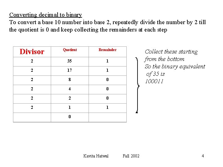 Converting decimal to binary To convert a base 10 number into base 2, repeatedly