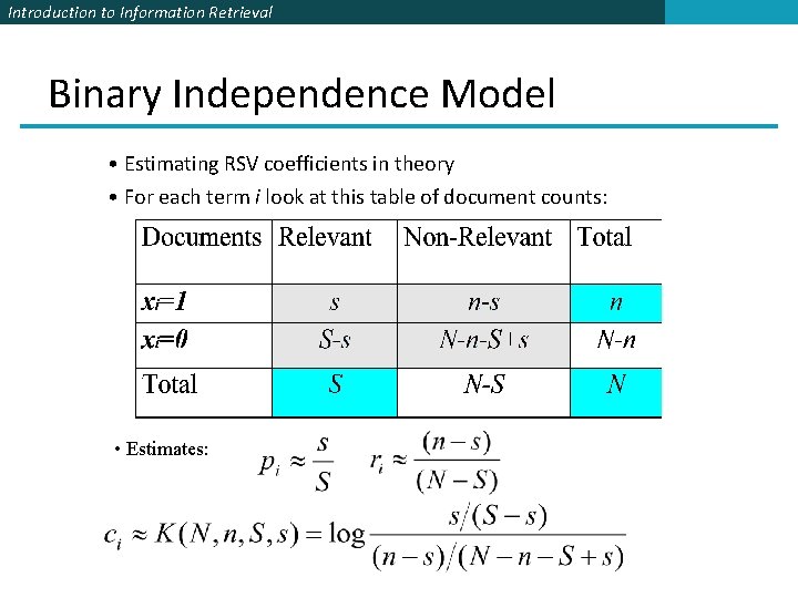 Introduction to Information Retrieval Binary Independence Model • Estimating RSV coefficients in theory •