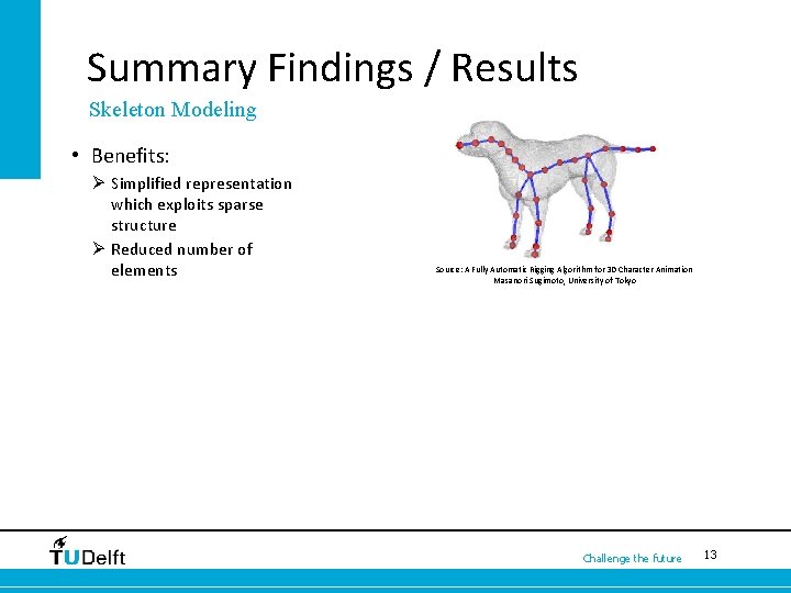 Summary Findings / Results Skeleton Modeling • Benefits: Ø Simplified representation which exploits sparse