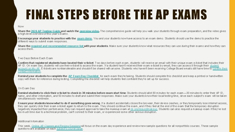 FINAL STEPS BEFORE THE AP EXAMS Now Share the 2020 AP Testing Guide and