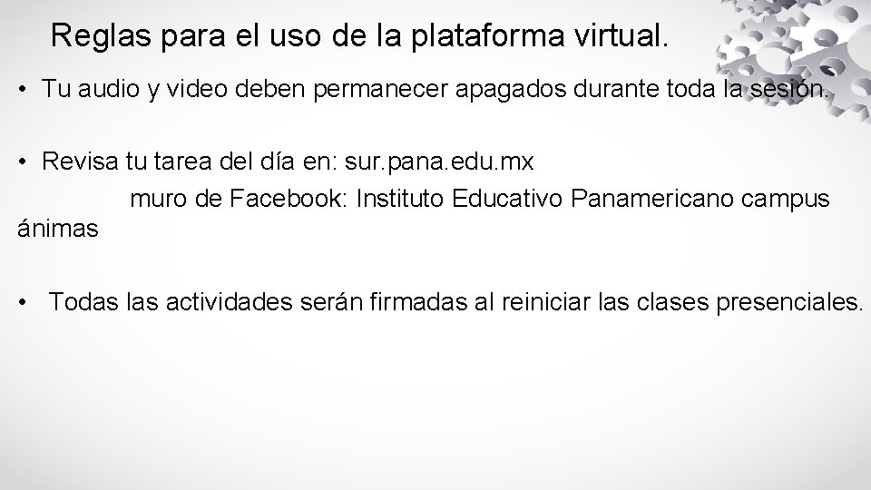Reglas para el uso de la plataforma virtual. • Tu audio y video deben