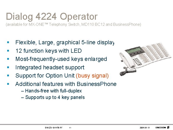 Dialog 4224 Operator (available for MX-ONE™ Telephony Switch, MD 110 BC 12 and Business.