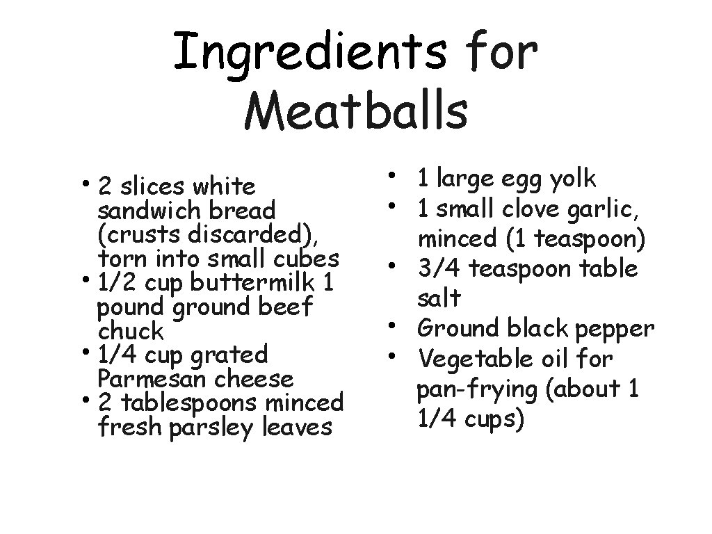 Ingredients for Meatballs • 2 slices white sandwich bread (crusts discarded), torn into small