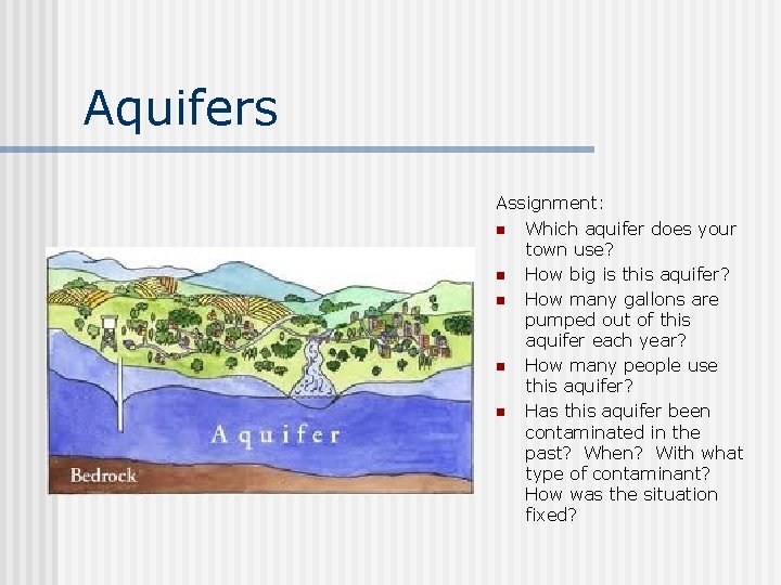 Aquifers Assignment: n Which aquifer does your town use? n How big is this