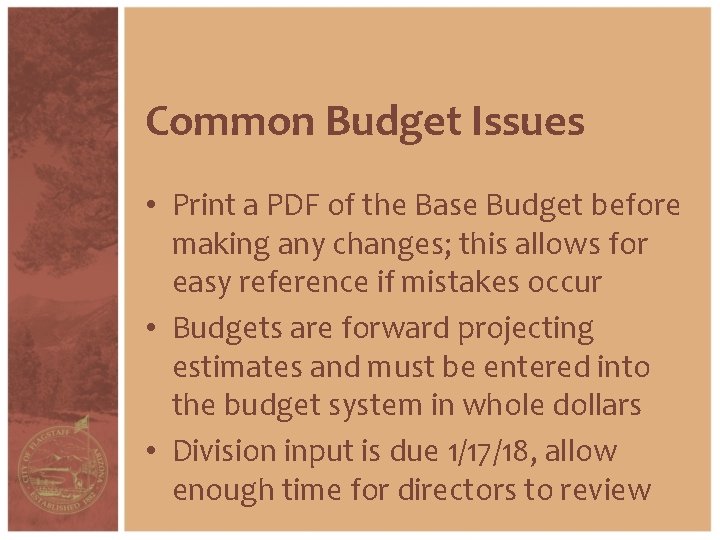 Common Budget Issues • Print a PDF of the Base Budget before making any