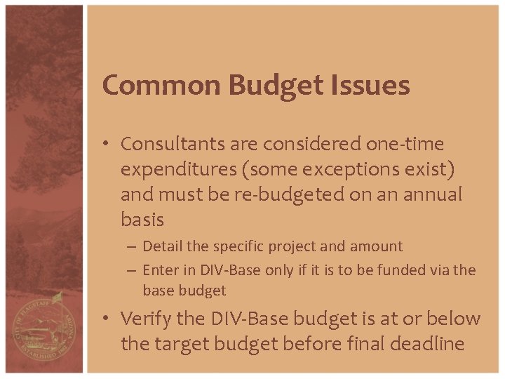 Common Budget Issues • Consultants are considered one-time expenditures (some exceptions exist) and must