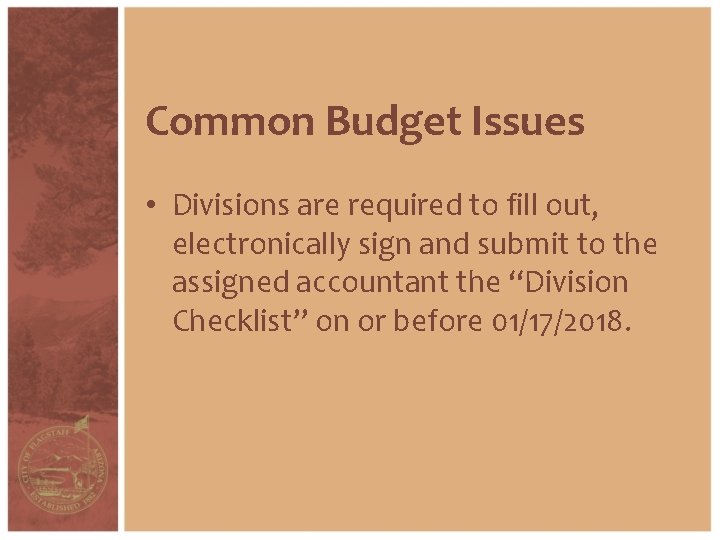 Common Budget Issues • Divisions are required to fill out, electronically sign and submit