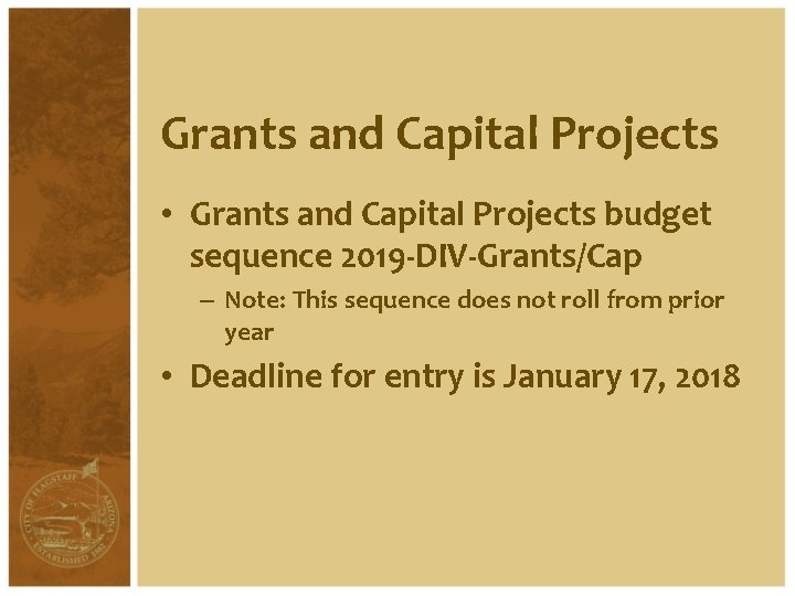 Grants and Capital Projects • Grants and Capital Projects budget sequence 2019 -DIV-Grants/Cap –
