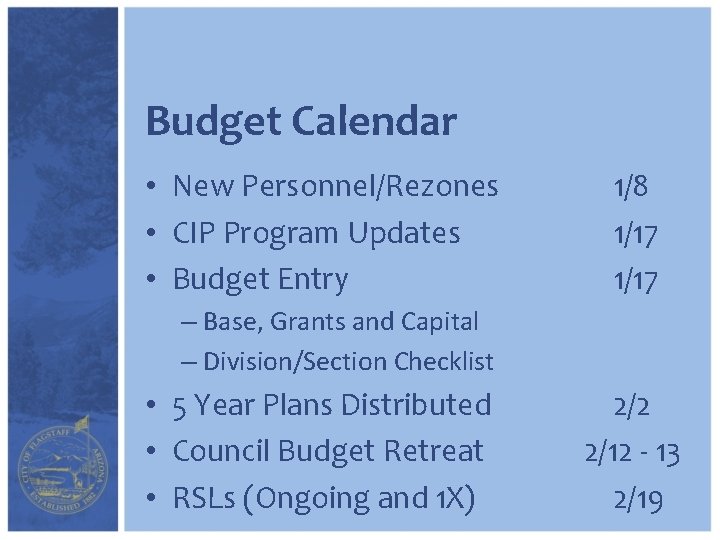 Budget Calendar • New Personnel/Rezones • CIP Program Updates • Budget Entry 1/8 1/17