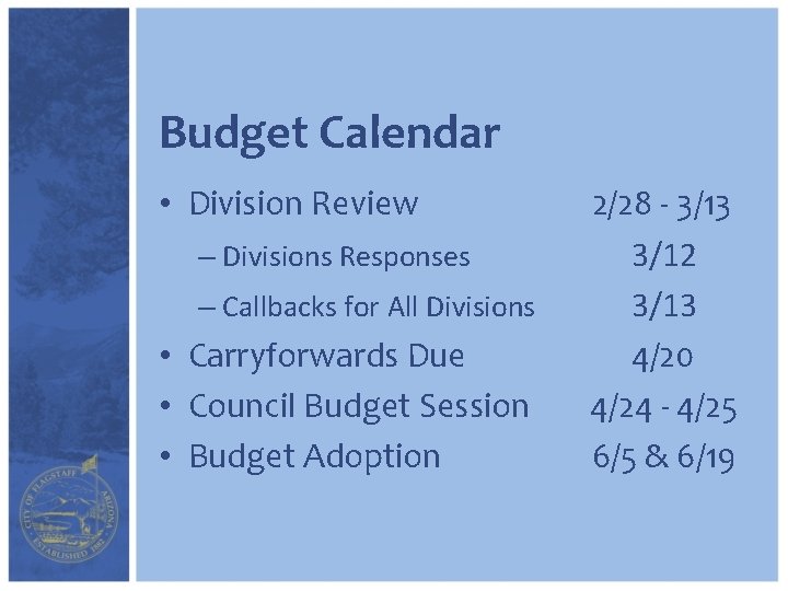 Budget Calendar • Division Review – Divisions Responses – Callbacks for All Divisions •