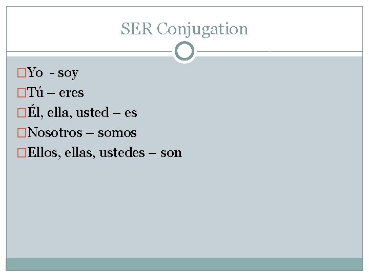 SER Conjugation �Yo - soy �Tú – eres �Él, ella, usted – es �Nosotros