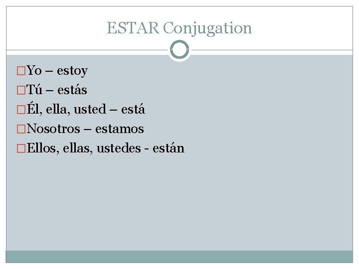 ESTAR Conjugation �Yo – estoy �Tú – estás �Él, ella, usted – está �Nosotros