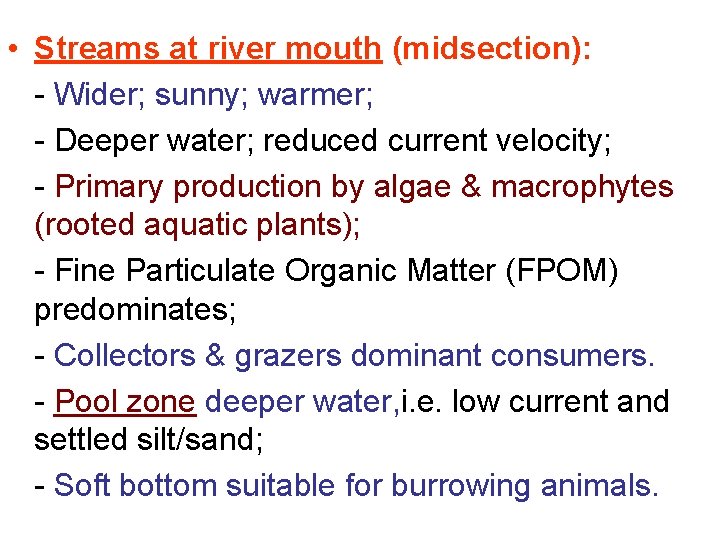  • Streams at river mouth (midsection): - Wider; sunny; warmer; - Deeper water;