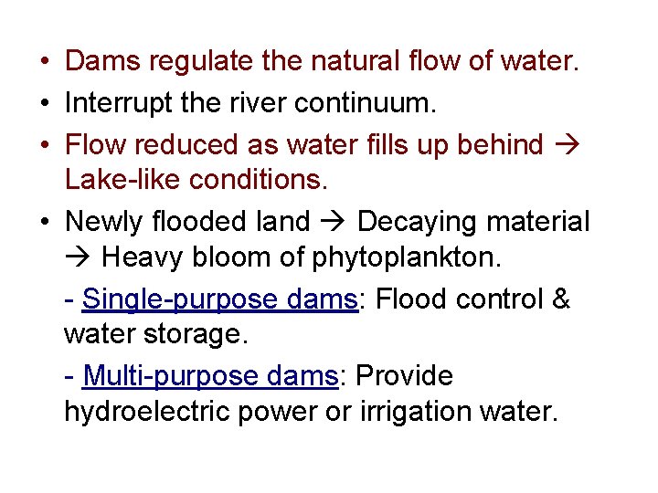 • Dams regulate the natural flow of water. • Interrupt the river continuum.