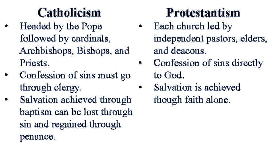 Catholicism • • Headed by the Pope followed by cardinals, Archbishops, Bishops, and •