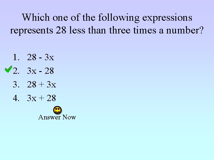 Which one of the following expressions represents 28 less than three times a number?