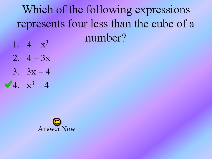Which of the following expressions represents four less than the cube of a number?