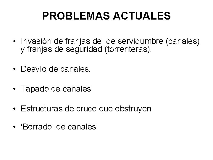 PROBLEMAS ACTUALES • Invasión de franjas de de servidumbre (canales) y franjas de seguridad