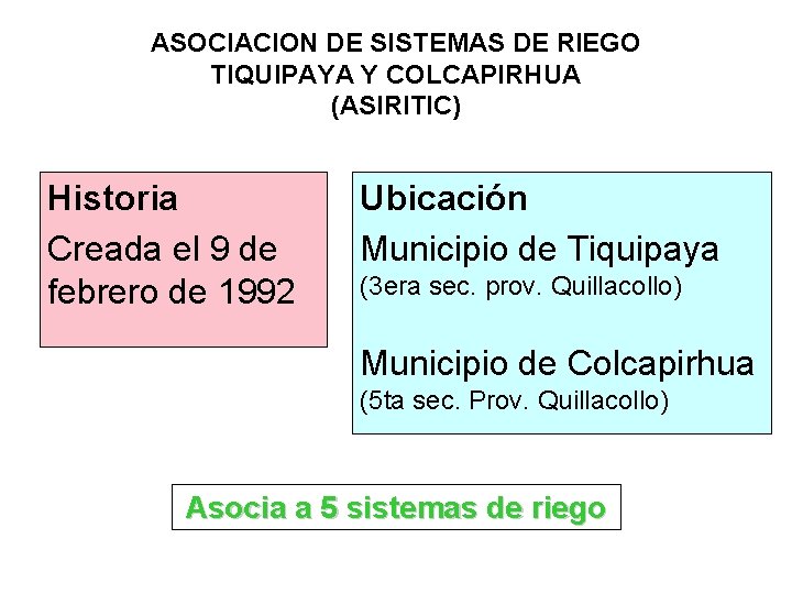 ASOCIACION DE SISTEMAS DE RIEGO TIQUIPAYA Y COLCAPIRHUA (ASIRITIC) Historia Creada el 9 de