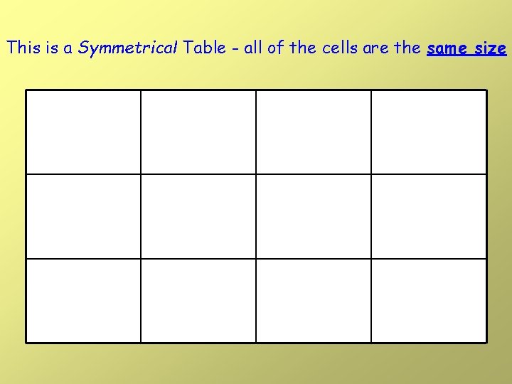 This is a Symmetrical Table - all of the cells are the same size This is a Symmetrical Table - all of the cells are the same size