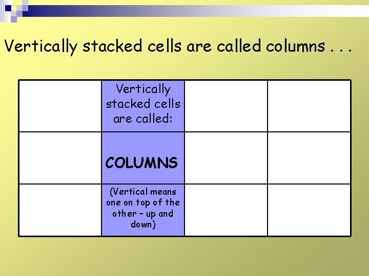 Vertically stacked cells are called columns. . . Vertically stacked cells are called: COLUMNS Vertically stacked cells are called columns. . . Vertically stacked cells are called: COLUMNS