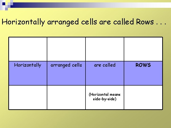 Horizontally arranged cells are called Rows. . . Horizontally arranged cells are called (Horizontal Horizontally arranged cells are called Rows. . . Horizontally arranged cells are called (Horizontal